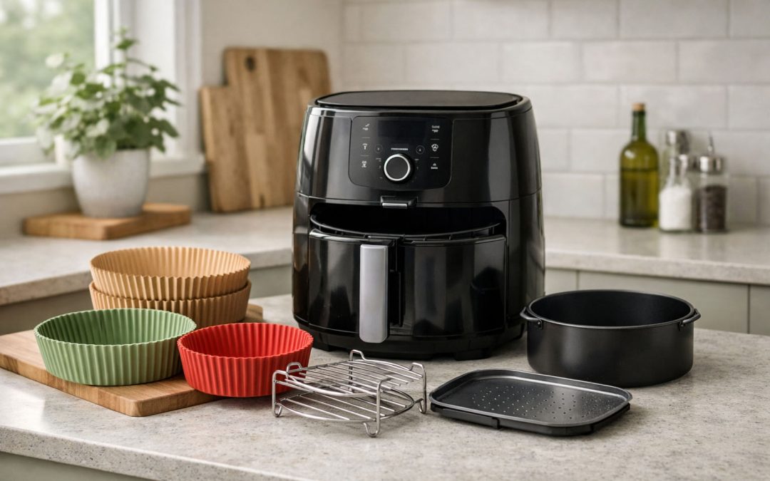 Air fryer with popular accessories on a kitchen countertop